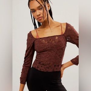 NWOT Free People Brown In Rotation Sheer Lace Layering Ruched Top Small